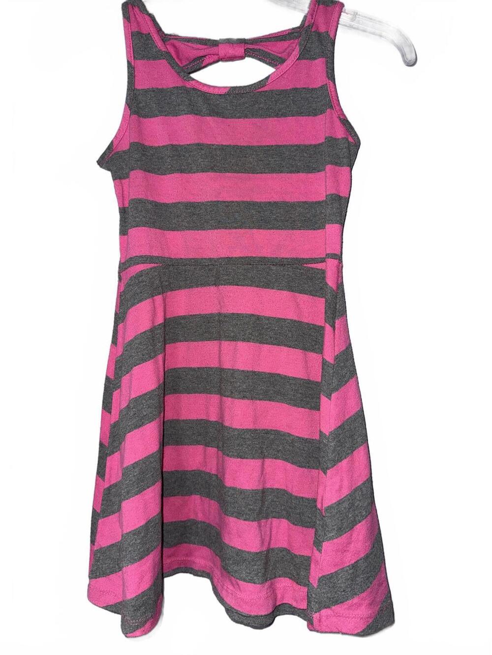 Cherry Stix Girls Pink and Gray Striped Sleeveless Dress with Back Bow Detail